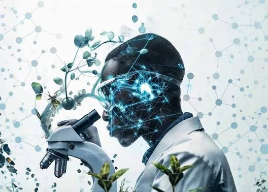 A scientist in safety goggles uses a microscope, surrounded by glowing digital networks and plant growth, symbolizing innovation in bioscience.